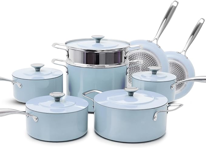 Nuwave Lux 13-Piece Premium Cookware Collection Healthy G10 Duralon Blue Ceramic Nonstick Ultra Durable PFAS-Free Lightweight &amp Works on All Cooktops