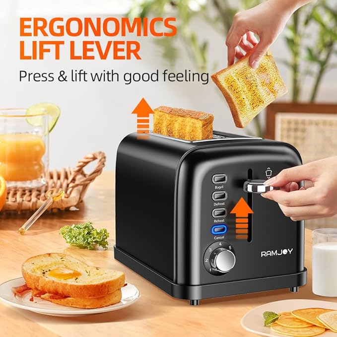 Black Toaster 2 Slice Extra Wide Slot Toaster for Bagels Bread Waffles 7 Shade Settings 4 Main Functions Removable Crumb Tray 900 Watts Toasters Black Stainless Steel