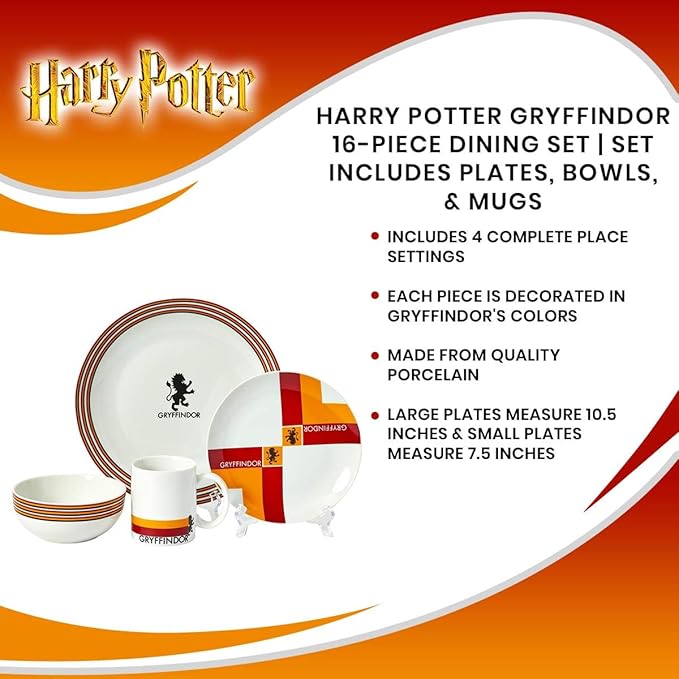 Harry Potter Gryffindor Porcelain 16 piece Dinnerware Set for 4 - Includes 4 Dinner Plates 4 Salad Plates 4 Bowls and 4 Mugs