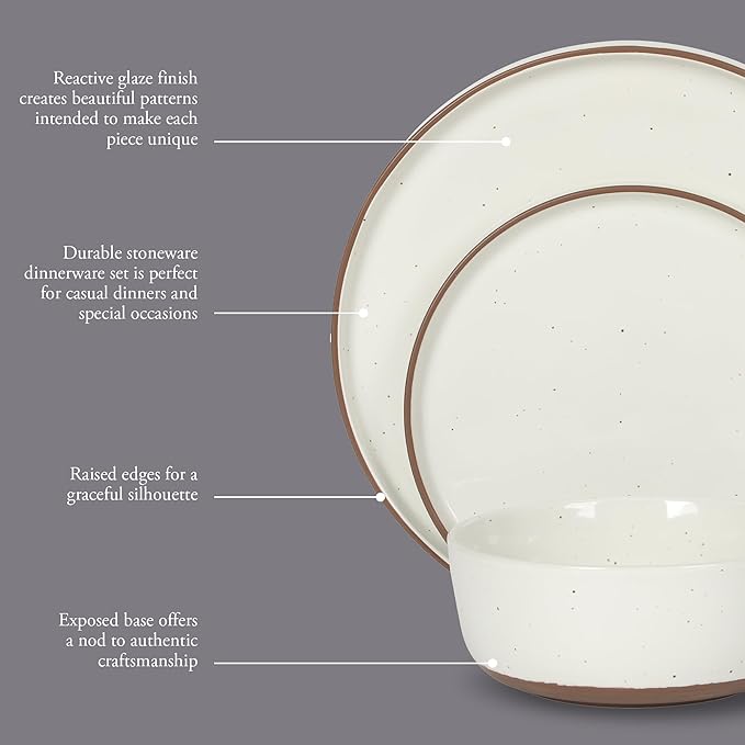 Gibson Elite Northrock Stoneware Dinnerware Set 12-Piece Service for 4 Plates and Bowls Set – White Dishes with Hand-Painted Terracotta Base