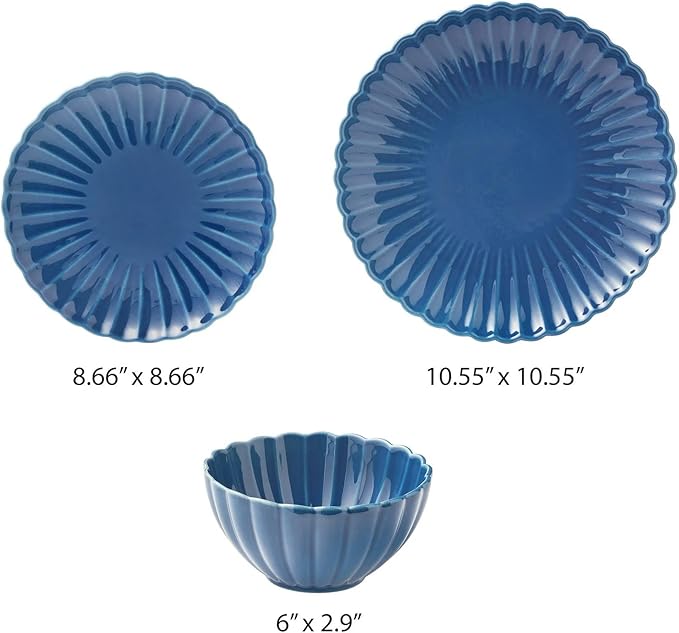12-Piece Stoneware Dinnerware Set Scalloped Design Blue