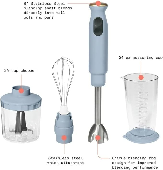 Cordless Hand Blender with 2-Cup Chopper Whisk &amp Large Measuring Cup Perfect for Cooking Smoothies Sauces Purees and Meal Prep (Cornflower Blue)