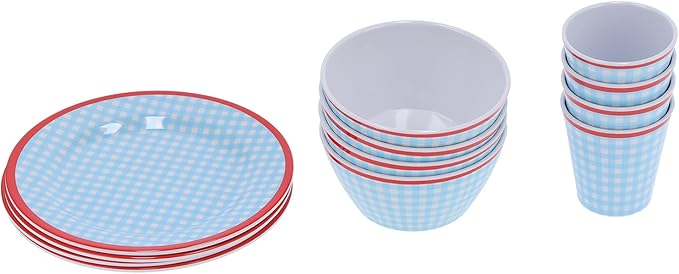 Blue Grid Dinnerware Set 12Pcs Melamine Tableware Set Durable and Anti Scald Cup Bowl Plate for Home Kitchen Restaurant Lightweight Elegant Grid Design with 260ml Cup 500ml Bowl