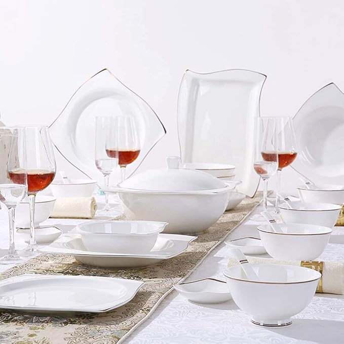 Ceramics Dinnerware Set with 48-PieceBowl/Dish/Soup Pot/Spoon|Bone China Dinner SetsGold Stroke Pattern Porcelain Combination Set