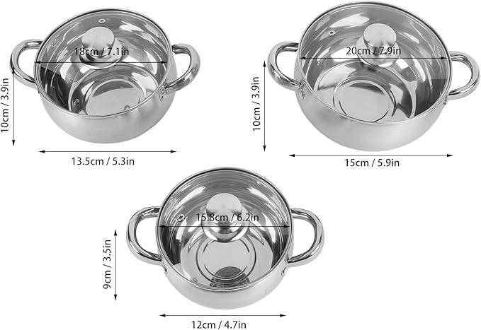 Stainless Steel Soup Pot Set 3 Piece Kitchen Cookware Sets Thick Bottom Anti Stick Cooking Pot Set with Glass Lids Stay Cool Handle Works with Induction Electric and Gas Cooktops