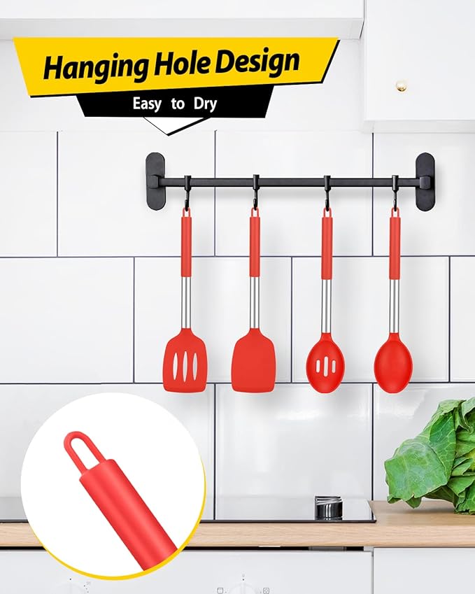 Pack of 4 Silicone Cooking Utensils Set Non Stick Large Solid Spatulas Heat Resistant Slotted Spoons Ideal BPA Free Kitchen Turners for Frying MixingServingDrainingTurningStirring (RED)