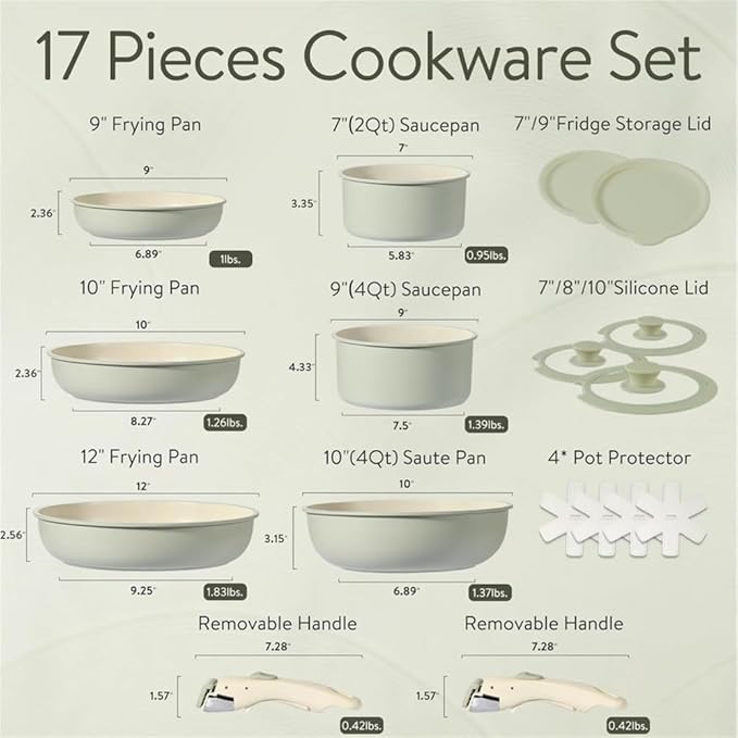 17Pcs Pots and Pans Set Nonstick Cookware Set Detachable Handle Induction Kitchen Cookware Sets Non Stick with RemovableA17 Pc