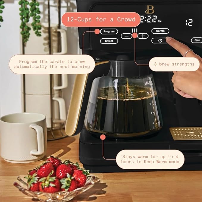 Beautiful Multi-Brew Commercial-Grade 12-Cup &amp Single-Serve Coffee Maker with Over Ice Option for Business and Personal Use by Drew Barrymore (Black Sesame)