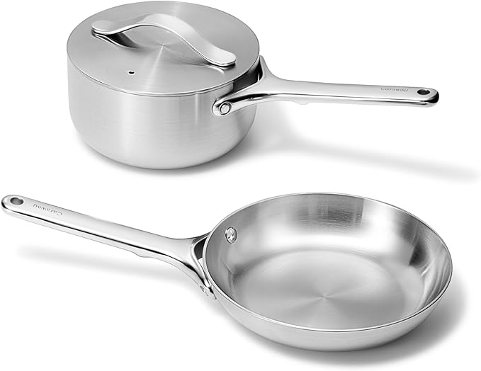 Caraway Stainless Steel Mini Duo - 5-Ply Stainless Steel Fry Pan (8 In) &amp Sauce Pan (1.75 Qt) - Oven Safe &amp Stovetop Agnostic - Non Toxic PTFE &amp PFOA Free