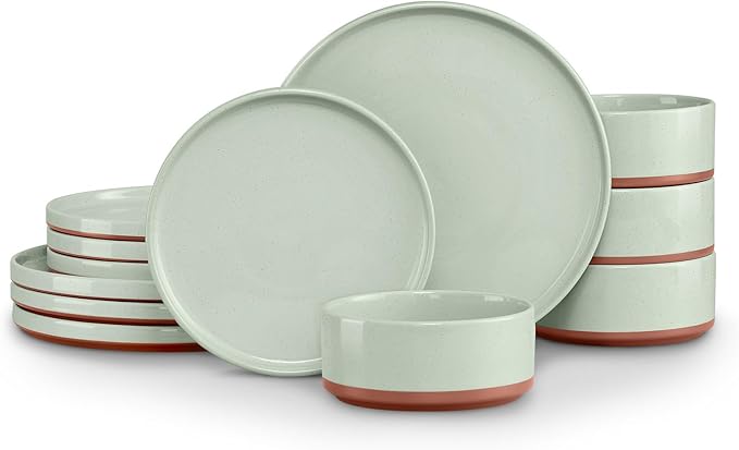 LIANYU 12 Piece Dinnerware Sets for 4 Modern Style Stoneware Dinnerware Set Scratch Resistant Dishwasher Safe Bowl and Plate Sets Ceramic Dish Dinner Set Laurel Green
