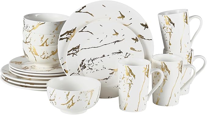 Modern Porcelain 16 Piece White Dinnerware SetPlates and Bowls SetsGold Dish Set for 4White Dinnerware SetDinner Sets with Dinner Plates.