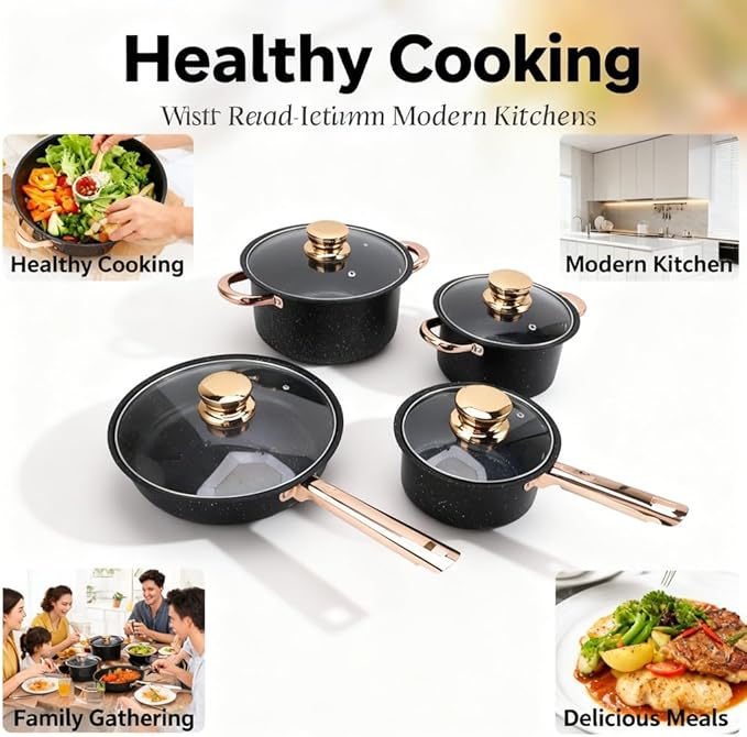 Cookware Set Stainless Steel with Maifan Stone Nonstick Coating 4 - Piece Pots and Pans with Glass Lids - Eco - Friendly Cooking Even Heat Distribution Ideal for Every