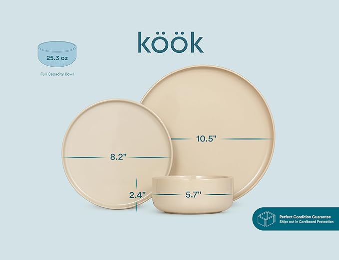 Dinnerware Set 12 Piece by Vase and Vessel Ceramic 10.5” Dinner Plates 8.2” Salad Plates and 25 oz Soup Bowls Stoneware Microwave and Dishwasher Safe 12 Piece Set Beige Somerset Collection