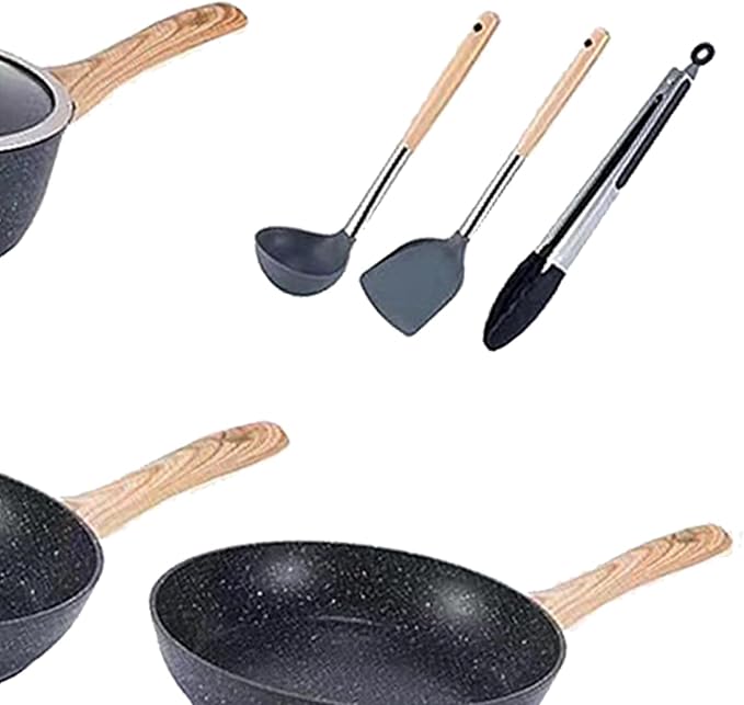 10 Piece Nonstick Cookware Set Frying Pan Saucepan Saute Pan Steam Rack Sturdy Scratch Resistant Coating Even Heat Distribution Modern Design for Home Cooks (Black)