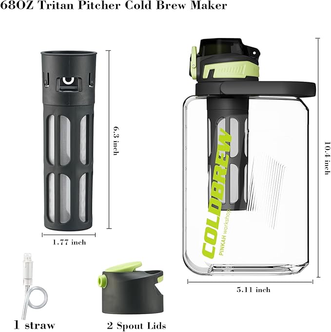 Cold Brew Coffee Maker 68oz Iced Coffee Tritan Pitcher with Filter 2 Pour Spout Lids For Airtight &amp Leak-Proof Coffee Barrel(Black)