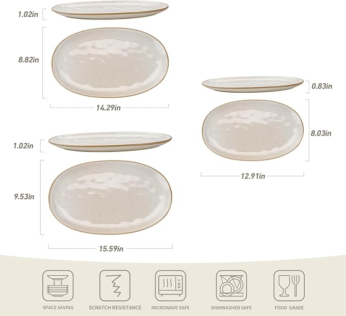 Famiware Star Plates and Bowls Sets + 3 Pcs Ocean Oval Serving Platter 15-Piece Dinnerware Sets for 4 Cappuccino White