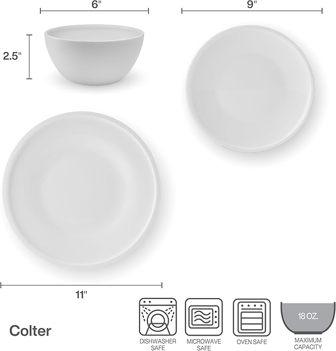 Mikasa Colter Bone China Lightweight Chip Resistant 12 Piece Dinnerware Set Service for 4 White