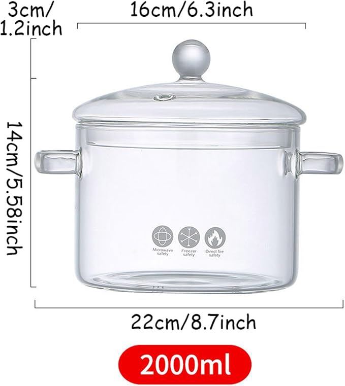 Glass Cooking Saucepan with Handle 1.3L 1.5L 2L Heat Resistant Glass Pot and Pan with Lid Clear Glass Cooking Pot Cookware Set for Pasta Noodle Soup and Food2000ML