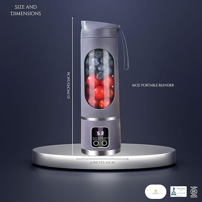 Paramexview® Portable Blender 16oz/500ml for Juices &amp Smoothies with 12 Stainless Steel Blades | USB Rechargable &amp 3 Levels Multi-Speed Control | 50W Powered fusion Portable Blender