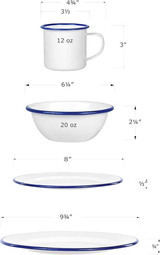 Red Co. 16-Piece Enamelware Metal Dinnerware Set for 4 Solid White/Navy Blue Rim