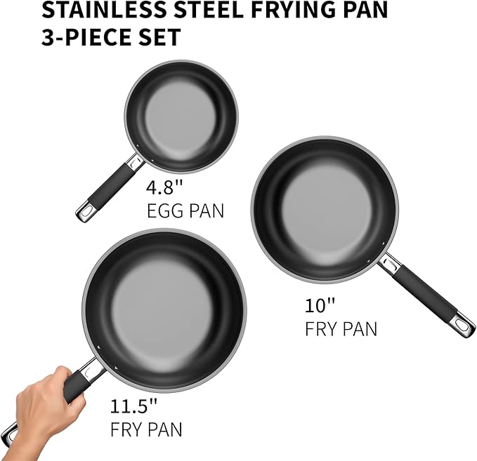 Non Stick Frying Pans Stainless Steel Kitchen Nonstick Cookware Set of 3 10” 11.5” 5” Pan Compatible with All Stoves