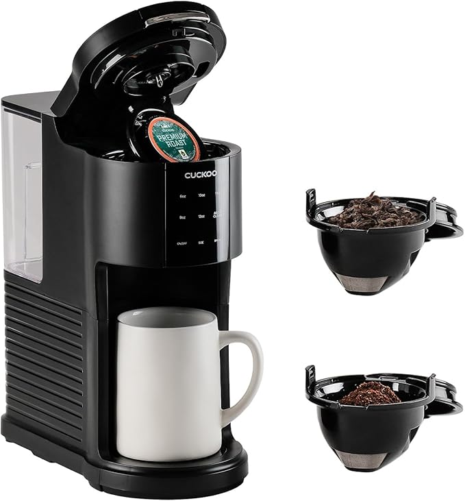 CUCKOO Single Serve Coffee Maker for K-Cup Ground Beans &amp Loose-Leaf Tea Versatile 3-in-1 Pod Coffee Maker Small Single Cup Machine with 5 Sizes and Auto-Clean Mode (CCM-AK011B)