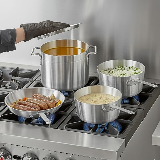 5-Piece Aluminum Cookware Set – Includes 2.75 Qt &amp 3.75 Qt Sauce Pans 8 Qt Stock Pot with Cover and 10 Fry Pan – Heavy-Duty Riveted Handles Superior Heat Distribution (5-Piece Set)