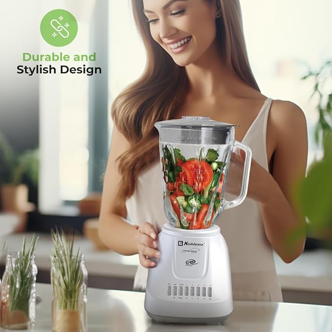 Koblenz 51-oz Glass Jar Blender 10 Speed and 2 Pulse Blender Countertop Blender with Stainless Steel Blades Perfect for Shakes and Smoothies 500-Watt Motor White LKM-5910 VB