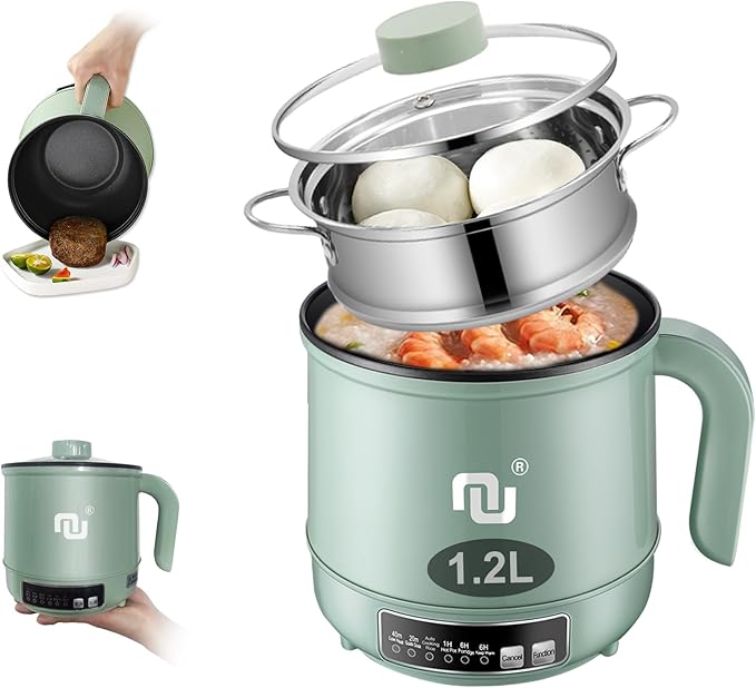 Smart Mini Hot Pot with Timer and Automatic Shut Off 1.2L Non-Stick Rapid Noodle Cooker w Stainless Steel Steamer Basket 600W Quick Cook 5 Cooking Modes for Soup Rice (1cup)  Porridge Pasta Great f
