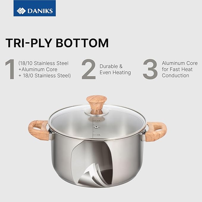 Daniks Oslo 6-Piece Stainless Steel Cookware Set with Glass Lids Tri-Ply Bases for Even Heating Induction Compatible Dishwasher Safe Bakelite Handles