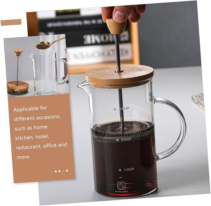 Toyvian Borosilicate Glass Coffee Pot with Lid Plunger Kettle for Loose Tea and Home Brewing Heat Resistant Professional Coffee Maker with Flavor-extracting Mesh and Measurement Scale