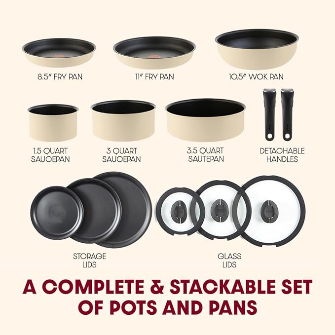 T-fal Ingenio Expertise Non Stick Cookware Set 14 Piece Induction Oven Broiler Safe 500F Stackable Cookware Pots and Pans RV Camping Fry Pans Dishwasher Safe Detachable Handle French Vanilla