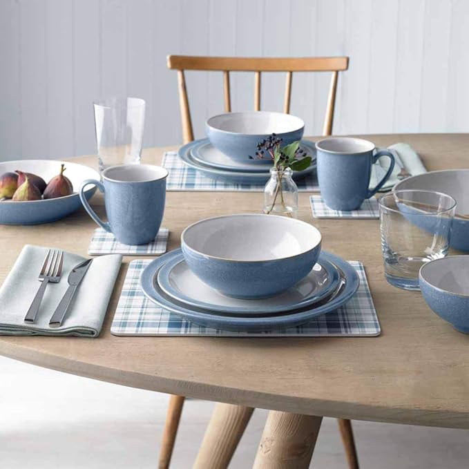 Denby Elements Blue Dinner Set - 4/12 Piece Ceramic Tableware - Dishwasher &amp Microwave Safe - 4 Dinner Plates 4 Medium Plates 4 Cereal Bowls