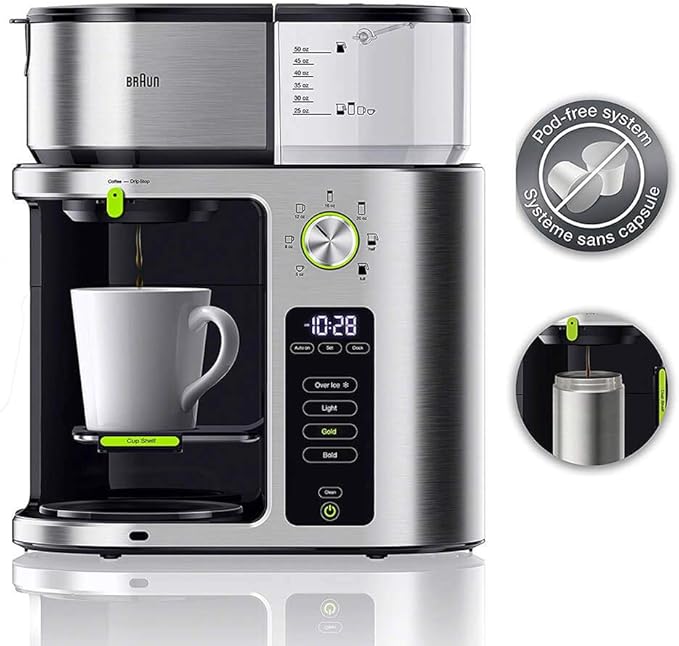 Braun MultiServe Coffee Machine 7 Programmable Brew Sizes / 3 Strengths + Iced Coffee &amp Hot Water for Tea Glass Carafe (10-Cup) Stainless Steel KF9170SI