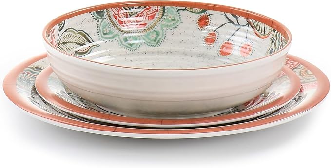 12 Piece Melamine Dinnerware Set – Shatterproof Mandala Plates and Bowls with Ribbed Texture – Lightweight Outdoor &amp Indoor Dish Set Dishwasher Safe