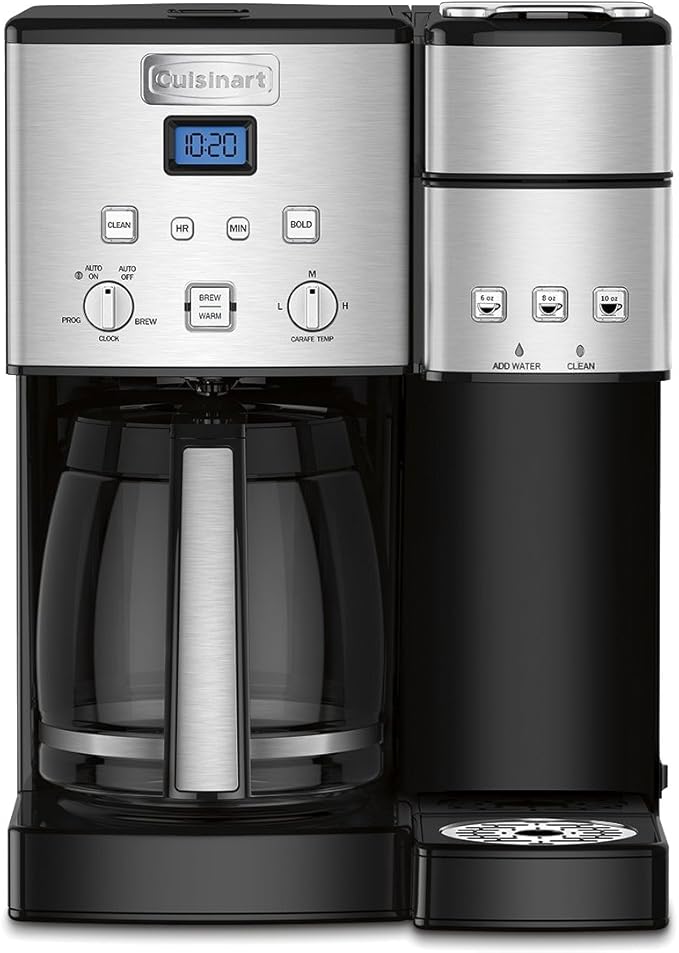 Cuisinart Single Serve + 12 Cup Coffee Maker Offers 3-Sizes: 6-Ounces 8-Ounces and 10-Ounces Stainless Steel SS-15P1