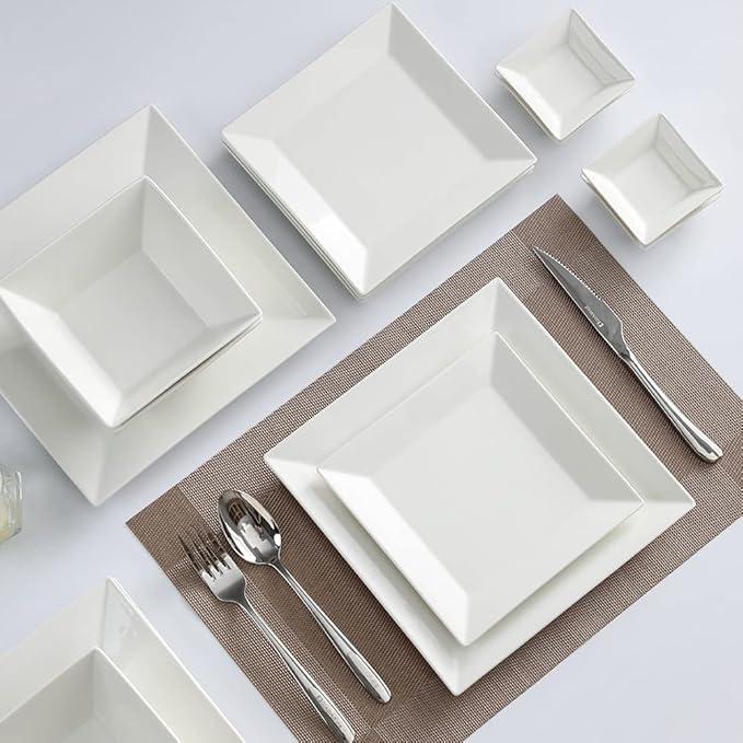 Porlien 16-Piece Classic Square Dinnerware Set for 4-Square Dinner Plates Dessert Plates Bowls &amp Dipping Saucers Off White Dishes for 4
