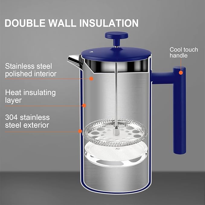 Secura French Press Coffee Maker 304 Grade Stainless Steel Insulated Coffee Press with 2 Extra Screens 34oz (1 Litre) Blue