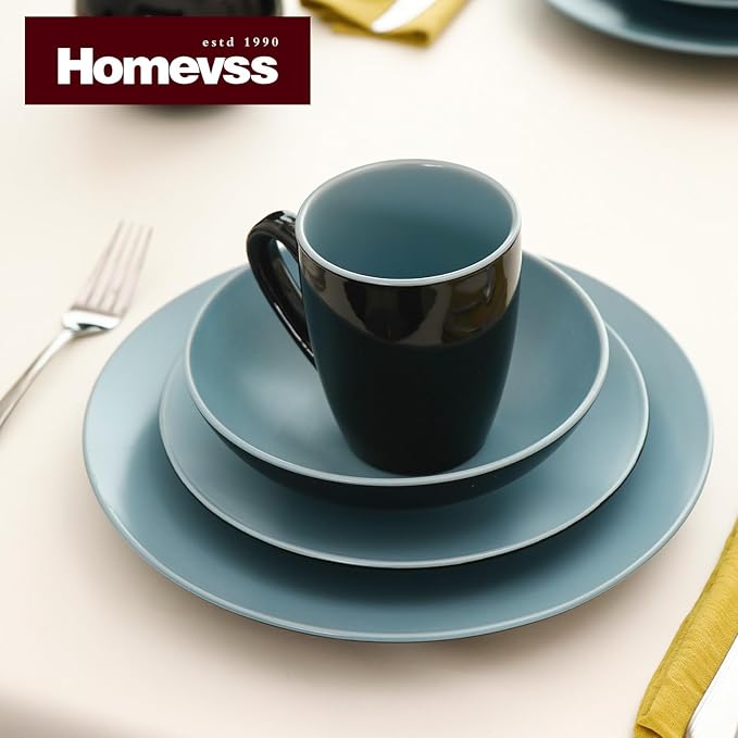 Colors Life Dinnerware SetOutside Shinny Black + Inside Matte Finished Color (16pc Set Turquoise)