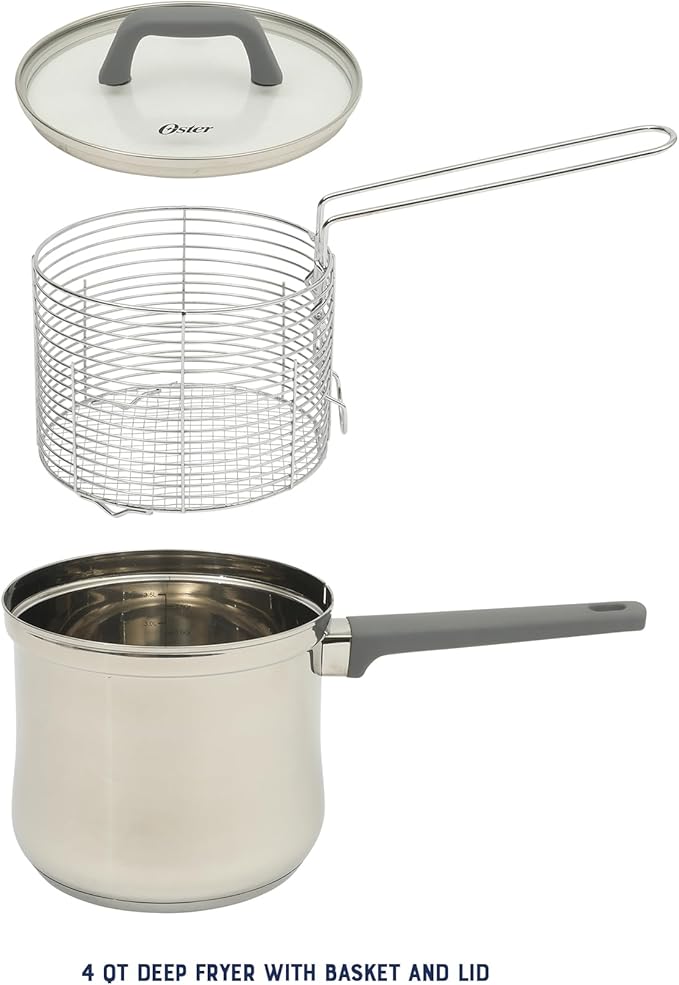 Oster Beauford 3.65-Quart Stainless Steel Deep Fryer Pot with Basket &amp Glass Lid – Induction Oven &amp Dishwasher Safe 5-Ply Encapsulated Base Soft-Touch Handle