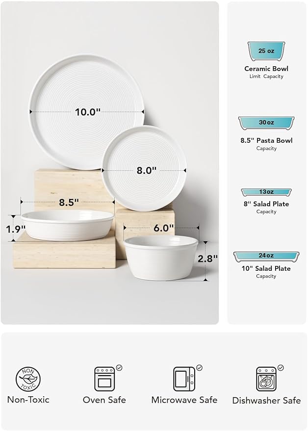 LE TAUCI Dishes Set with Pasta Bowls for 4 Stoneware Dinnerware Set 10 Dinner &amp 8 Salad Plates 6 Bowls 8.5 Pasta (30 oz) Stackable Microwave &amp Dishwasher Safe Ceramic 16-Piece Whit