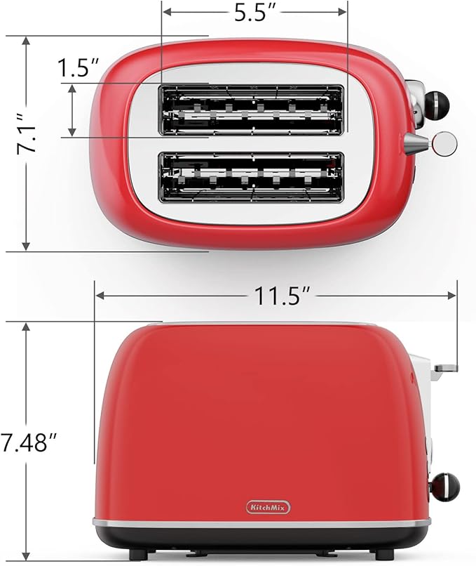 Toaster 2 sliceRetro Stainless Steel Toaster with 6 Settings 1.5 In Extra Wide Slots Bagel/Defrost/Cancel Function Removable Crumb Tray (Red)