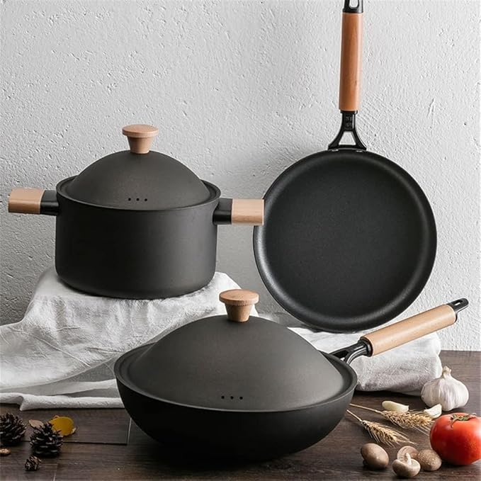 Pots and Pans Set 3 Pcs Cooking Pot Frying Pan Non Stick Set Cast Iron Induction Cooker Cooking Pots Set Kitchen Cooking Pot Set Cooking Pan Set(
