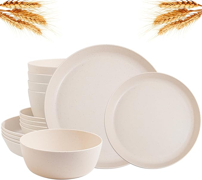 EI 12pcs Wheat Straw Dinnerware Set of 4Reusable Plastic PlatesUnbreakable Dinner PlatesDeep Dinner Hard Premium Plastic PlateMicrowave Dishwasher Safe for CampingPicnincFamily Dinner