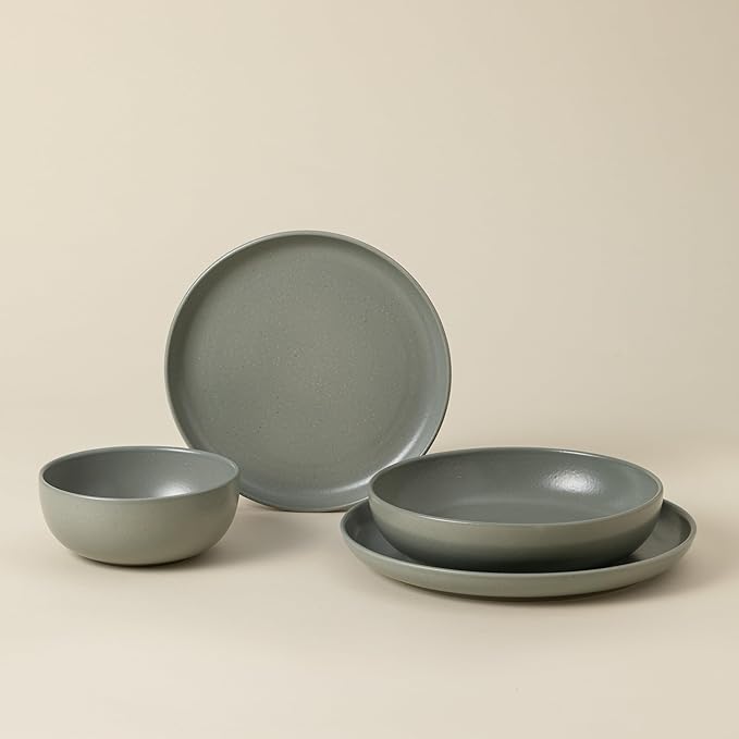 Casafina Ceramic Stoneware 4-Piece Place Setting Service for 1 Pacifica Collection Artichoke Green | Microwave &amp Dishwasher Safe Dinnerware Set | Food Safe Glazing | Restaurant Quality Tableware