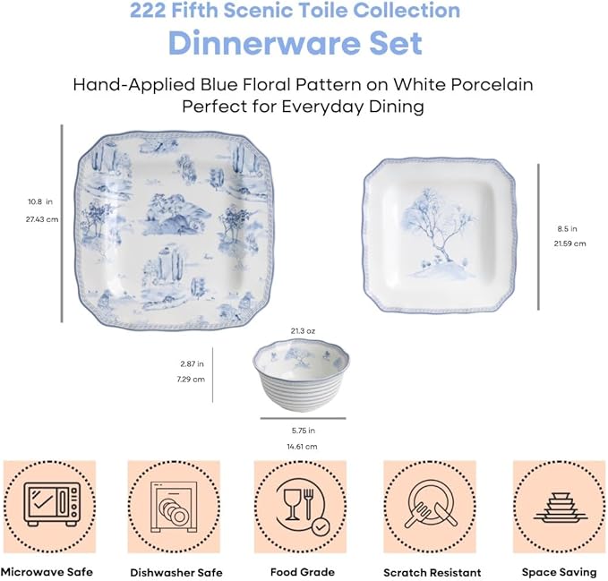 222 Fifth 12-Piece Porcelain Dinnerware Set for 4 Glossy White Plates and Bowls Set with Blue Decal Elegant Square Ceramic Dish Set Kitchen Tableware Microwave &amp Dishwasher Safe Scenic Toile