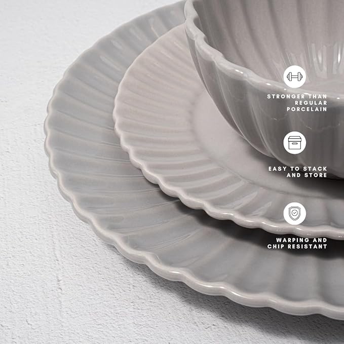 16 Piece Dinnerware Set Aruba (Cloudy Grey) Plates Bowls and Mugs Set for 4
