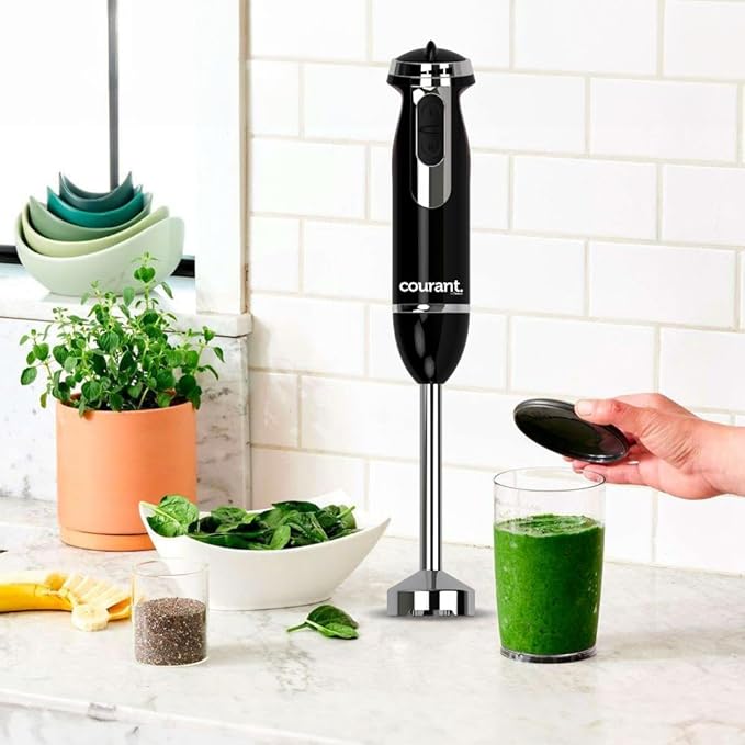 Courant Immersion Hand Blender with Variable Speed Stainless Steel Blades for Smoothies Purees and Soups Easy-Grip Control (Black)
