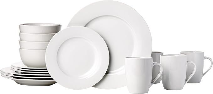 Amazon Basics 16-Piece Porcelain Dinnerware Set Microwave and Dishwasher Safe Service for 4 Plates Bowls and Mugs White