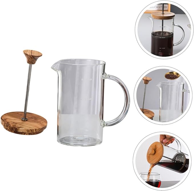 Toyvian Borosilicate Glass Coffee Pot with Lid Plunger Kettle for Loose Tea and Home Brewing Heat Resistant Professional Coffee Maker with Flavor-extracting Mesh and Measurement Scale